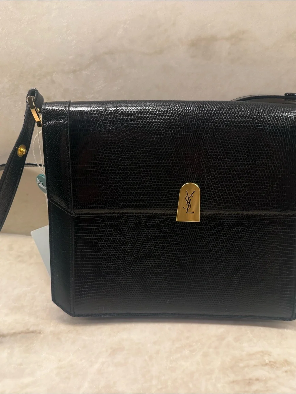 Saint Laurent Black Lizard-Embossed Leather Messenger Bag with Gold Logo Clasp